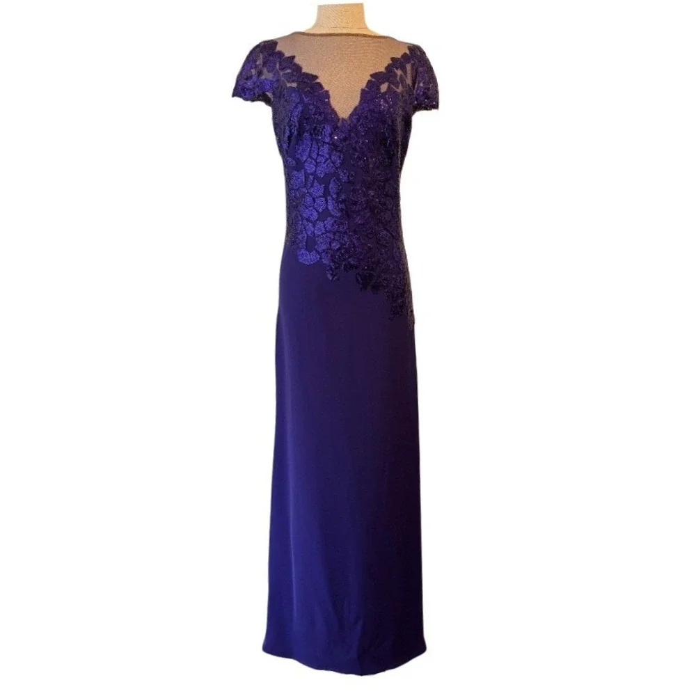 Tadashi Shoji Gown 6 Purple Sequin Illusion Mesh Formal Dress Event Gala Wedding